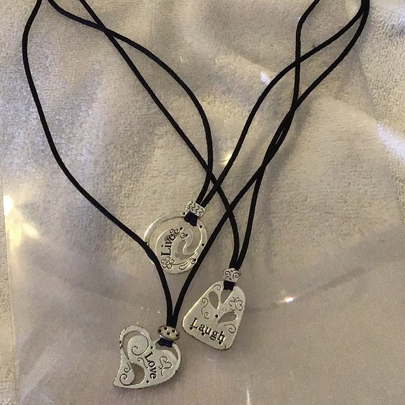 Never worn beautiful blk corded necklace w/cascading hears of Live, Laugh, Love. - Picture 6 of 8